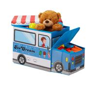 Relaxdays Boîte-siège pour enfants, rangement pliable avec couvercle, jouets, modèle camion de glace, 50 L, bleu