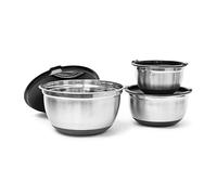 Relaxdays Bol en acier inoxydable lot de 3 avec couvercle et fond anti-glissement Saladier plat creux bol mélangeur protection arômes et saveurs, noir-argenté - Diamètre 17,5 / 21 / 25,5 cm