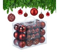 Relaxdays Boules de Noël, Lot de 50, Paillettes, Mates, Brillantes, décoration Sapin, Plastique, D : 3, 4 et 6 cm, Rouge