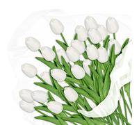 Relaxdays Bouquet de 24 Tulipes artificielles, en Plastique, Hauteur de chacune : env. 33,5 cm, Blanc et Vert