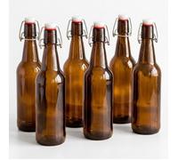 Relaxdays Bouteilles à remplir en verre, lot de 6, flacons hermétiques à levier, pour huile, alcool, jus, brun