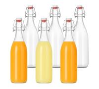 Relaxdays Bouteilles à remplir, lot de 6, 1 litre, bouchon à fil, en verre pour huile, vinaigre, liqueur, jus.