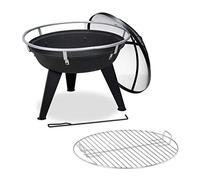 Relaxdays Brasero avec Grillage, Pare étincelles et tisonnier, D: 55 cm, brasero de Jardin, en métal, Noir