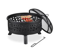 Relaxdays Brasero avec Grille, Pare-étincelles et tisonnier, Noir argenté | Ø 60 cm, jardin et terrasse