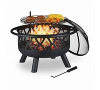 Brasero Relaxdays avec grille, pare-étincelles et tisonnier, Ø 75 cm, acier, pour jardin et terrasse, noir
