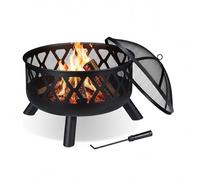 relaxdays Brasero de Jardin, avec Protection étincelles, Ø 62 cm, tisonnier Inclus, terrasse, bac à feu, Acier, Noir