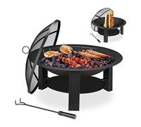Relaxdays Brasero de Jardin, Fonte de Fer, D 74 cm, Grille, Protection étincelles, Bouclier Thermique, tisonnier, Noir