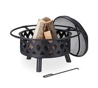 Relaxdays Brasero de Jardin, Vasque, bac feu avec Pare-étincelles et tisonnier, HxD 53 x 76 cm, Acier, Rond, Noir