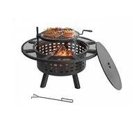 Brasero Relaxdays, Ø 91,5 cm, grille réglable, couvercle et tisonnier, foyer de jardin, panier à feu, noir