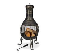 Relaxdays brasero Mexicain, tisonnier, Gril en Bois, Pare-étincelles, Jardin, terrasse, Antique, brasero, H 89 cm, doré