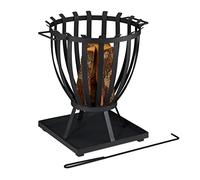 Relaxdays Brasero sur Socle avec tisonnier, Vasque Ronde, en Acier, HxLxP : 59x55,5x49 cm, pour Jardin et terrasse, Noir