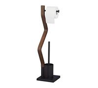 Relaxdays Brosse WC et dérouleur Papier, Ensemble Autonome, Bois et Acier, HLP 75 x 18,5 x 18,5 cm, Noir/Brun