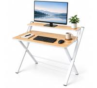 Relaxdays Bureau pliant, naturel/blanc | rehausseur d'écran, 82 x 70 x 56 cm, MDF, métal, table informatique