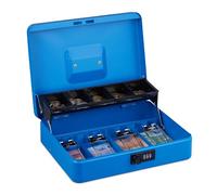 Coffre-fort Relaxdays, combinaison à 3 chiffres, compartiment à pièces et 4 compartiments à billets, verrouillable, coffre-fort en fer, bleu
