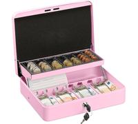 Relaxdays Caisse à monnaie verrouillable, planche à compter les pièces & 4 compartiments à billets, caisse à monnaie en fer, h x l x p : 8,5 x 30,5 x 24,5 cm, rose