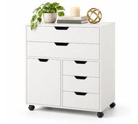Relaxdays Caisson à roulettes, 5 tiroirs et porte, 78 x 65 x 40 cm, blanc | Caisson d'appoint de bureau, à roulettes, sans poignées, freins de blocage