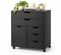 Relaxdays Caisson à roulettes, 5 tiroirs et porte, 78 x 65 x 40 cm, noir | Caisson d'appoint de bureau, à roulettes, sans poignées, freins de blocage
