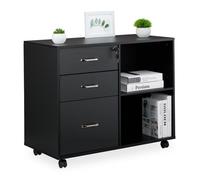 Relaxdays Caisson mobile, 3 tiroirs, 2 compartiments, H x l x P : 66 x 80 x 40 cm, armoire verrouillable, noir