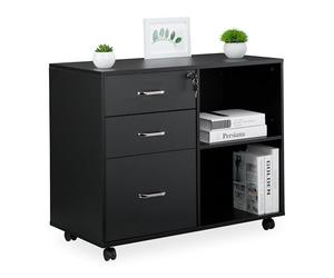 Relaxdays Caisson Mobile, 3 tiroirs, 2 Compartiments, H x l x P : 66 x 80 x 40 cm, Armoire verrouillable, Noir