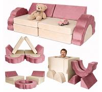 Relaxdays, canapé modulaire pour enfants, composé de 10 éléments, avec des blocs souples, revêtement en velours, dimensions : 47 x 150 x 65 cm, couleur : rose
