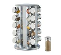 Relaxdays Carrousel à épices, 20 pots en verre, Présentoir à épices inox, rotatif 360°, 34,5 cm hauteur, argenté