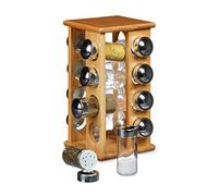 Relaxdays Carrousel à épices porte-épices manège à épices 16 pots en verre support en bois de bambou HxlxP: 30 x 19,5 x 19,5 cm distributeur pour la cuisine présentoir herbes aromatiques, nature