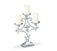 Relaxdays Chandelier, 3 Branches, Porte Grosses Bougies, Vintage, en Fonte de Fer,HlP 28,5x23x7,5cm, argenté