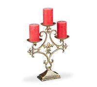 Relaxdays Chandelier, 3 Branches, Porte Grosses Bougies, Vintage, en Fonte de Fer,HlP 28,5x23x7,5cm, doré