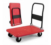 Relaxdays chariot à plate-forme pliable jusqu'à 300 kg, poignée, 2 roues pivotantes et 2 fixes, grande surface, rouge