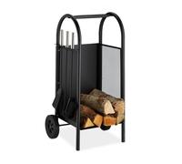 Relaxdays 10028779 Chariot à bois Serviteur, Charrette bûches Acier, outils de cheminée, pelle,balai,tisonnier,noir, plastique, caoutchouc, 81 x 42 x 37 cm