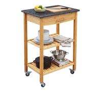 Relaxdays Chariot Cuisine, Plateau Granit, tiroir, 2 niv., Nature/anthrac. | H x l x P : 85 x 58 x 40 cm, en bambou, chariot de service