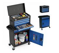Relaxdays chariot d'atelier verrouillable, HxLxP 104x59,5x28 cm | 5 tiroirs + caisson amovible, acier, noir-bleu