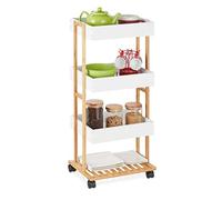 Relaxdays Chariot de Service, Bambou & MDF, Desserte de Cuisine à 4 étages, 88 x 40 x 30 cm, Naturel/Blanc