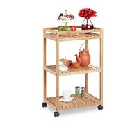 Relaxdays Chariot de Service Bambou, pour Cuisine, avec 3 étages, sur Roues en Plastique avec Freins; HxlxP77x47x32cm