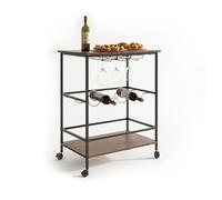Relaxdays Chariot de Service Cuisine 2 Niveaux, Porte-Bouteilles, Porte-Verres, roulettes, 82x60x45 cm, Brun/Noir