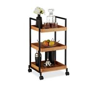 Relaxdays Chariot de service, Desserte de cuisine, Bambou et fer, 3 étages, carré, 4 roues, 69,5 x 37 x 34 cm, naturelle