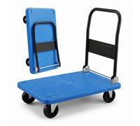 Chariot de transport Relaxdays jusqu'à 300 kg, pliable, chariot à plate-forme, poignée, 2 roulettes pivotantes, grande surface de chargement, diable, bleu