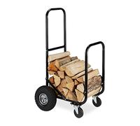 Relaxdays Chariot pour bûches en Bois, en Acier, 107,5 x 52 x 58 cm, sur 2 Roues et 2 roulettes, capacité de 60 kg, Noir
