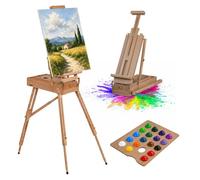 Relaxdays Chevalet de sol et de table, mallette de peinture, hêtre naturel | Réglable 147-180 cm, inclinaison 90°, toiles 46-85 cm, tiroir 4 compartiments, palette de mélange, pliable, bandoulière
