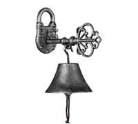Relaxdays Cloche en fonte, design antique, motif clef, avec corde, clochette pour l’extérieur, noir - argenté