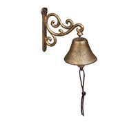 Relaxdays Cloche en Fonte, Design Antique, Sonnette Vintage pour Jardin, Corde, pour l’extérieur, Accessoire Mural, doré