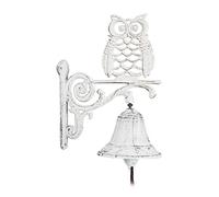 Relaxdays Cloche Murale de Porte Fonte de Fer, Chouette, Design Antique, avec Corde, résistant aux intempéries, Blanc