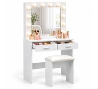 Relaxdays Coiffeuse, Blanche | tabouret, miroir Hollywood, éclairage, 2 tiroirs, 140 x 80 x 40 cm