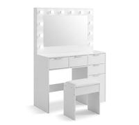 Relaxdays Coiffeuse, Miroir LED et Tabouret, Blanc | Coiffeuse 4 tiroirs et compartiment avec porte, H x L x P : 140 x 105 x 40 cm, table de maquillage