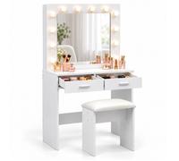 Relaxdays Coiffeuse tabouret miroir Hollywood éclairage 2 tiroirs 140 x 80 x 40 cm blanche