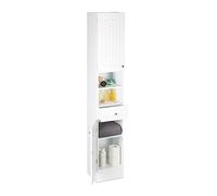 Relaxdays Colonne de salle de bain en bois blanc armoire porte tiroir meuble de rangement MDF lamelles HxlxP: 173,5 x 30,5 x 32 cm, blanc
