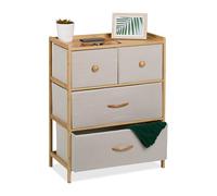 Relaxdays Commode à 4 tiroirs, HLP : 73 x 57,5 x 30 cm, Meuble de Rangement, Bambou et Tissu, Beige/Nature
