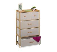 Relaxdays Commode à 5 tiroirs, meuble chambre et salon, HLP : 94 x 58 x 32,5 cm, tissu, bambou, beige/nature
