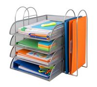 Relaxdays Corbeille à courrier en métal, Format A4, 4 Compartiments, 2 dossiers, H 33 x l 40,5 x P 33,5 cm, Organiseur de Bureau, Argent