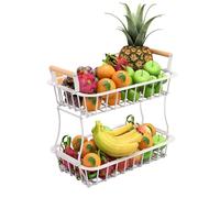 Relaxdays Corbeille à Fruits 2 Niveaux, pour la Cuisine, métal pour Fruits et légumes, poignées en Bois, Blanche